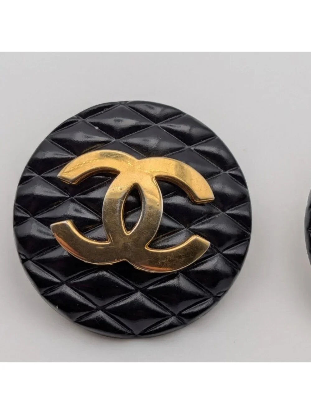 Chanel Earrings CC Logo Quilted Gold Black Round First Era Vintage